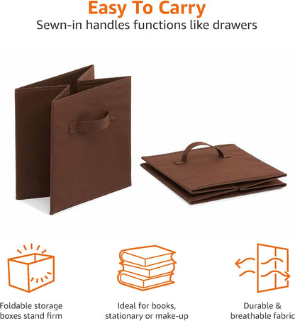 Amazon Basics Cube Organizer Storage Bins Handles, Collapsible Fabric, Pack of 6, 10.5"x10.5"x11", Brown