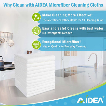AIDEA Microfiber Cleaning Cloth 12PK, Dish Cloths White, Strong Water Absorption, Lint Free Rags, Scratch Free, Streak Free Microfiber Towels, Kitchen Dish Towels White, 11.5"x 11.5"