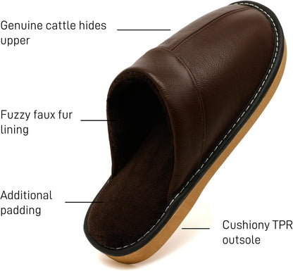 Slippers for Women Men, Genuine Leather Slippers Indoor Outdoor, Fuzzy Bedroom House Shoes for Women Men, Plush Lining Womens Sandals Slip-on