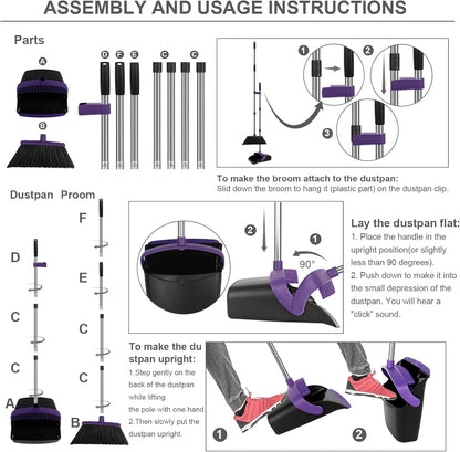 Broom and Dustpan Set, Large Household Dustpans and Broom with 55 Inch Long Handle, Pueple Broom with Dustpan Combo Set for Home