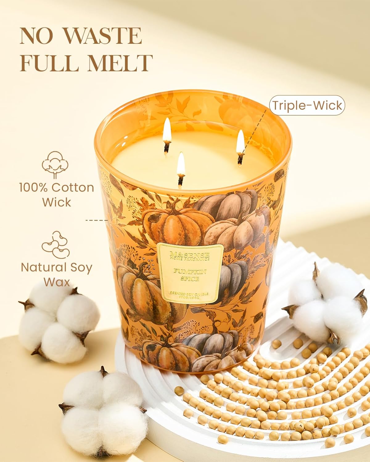 M&SENSE Pumpkin Spice Scented Candle, 3 Wick 35oz 150H Long Lasting Soy Candles, Fall Scent Unique Halloween Gifts Home Decor