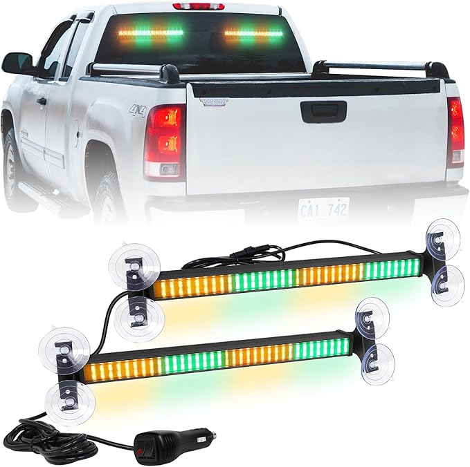 XRIDONSEN 2 in 1 Amber Green Emergency Lights Traffic Advisor Light Bar 144 LED Warning Safety Strobe Interior Front Dash Windshield Rear Window Lights for Trucks Construction Vehicles (2x17.7 inch)