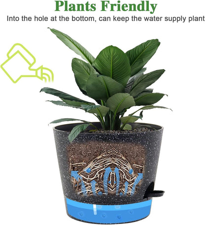 Self Watering Pots for Indoor Plants,12 inch Planters with Drainage Holes Plastic Flower Pots with Deep Reservoir, Black Speckles