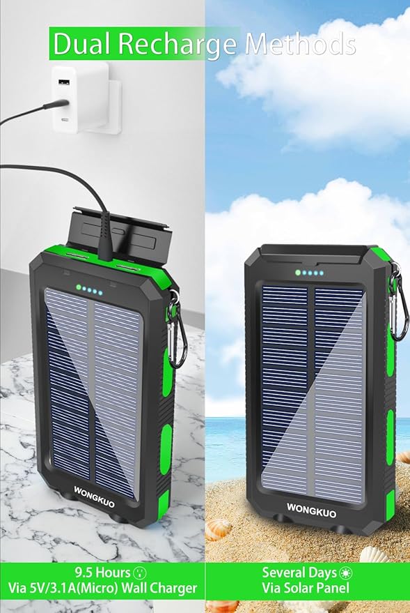 WONGKUO Solar Charger Power Bank - 36800mAh Solar Phone Charger, QC3.0 Fast Charger with LED Flashlight, IP65 Waterproof Portable Power Bank for Outdoor Activities (Matte Green)