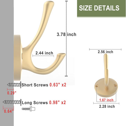 Gold Coat Hooks for Wall, 2 Pack Heavy Duty Towel Robe Hooks, Hats Hooks for Entryway Cubicle Closet Mudroom Bathroom Garage