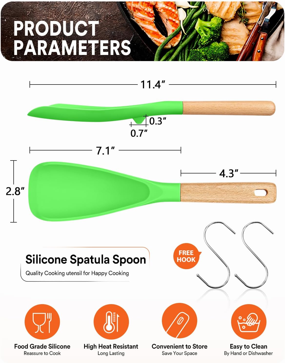 Cooking Spoon for Nonstick Cookwares, Great for Cooking and Serving Sturdy BPA-Free Matte Silicone, Wood Handle Spoon for Mixing, Scoop, and Scrape (AGR, 11.4 inch)