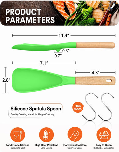 Cooking Spoon for Nonstick Cookwares, Great for Cooking and Serving Sturdy BPA-Free Matte Silicone, Wood Handle Spoon for Mixing, Scoop, and Scrape (AGR, 11.4 inch)