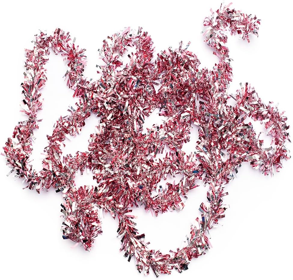 Anderson's Light Pink & Silver Sparkle Glitter Metallic Tinsel Twist for Trailer Or Golf Cart, 4 inches Wide x 25 ft Long, Christmas, Patriotic and Holiday Garland Decor for Parties and Parades