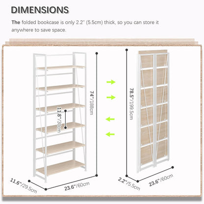 4NM No Assembly Foldable Bookshelf, 6-Shelf Collapsible Bookcase Storage for Small Spaces, 74" H, Natural White