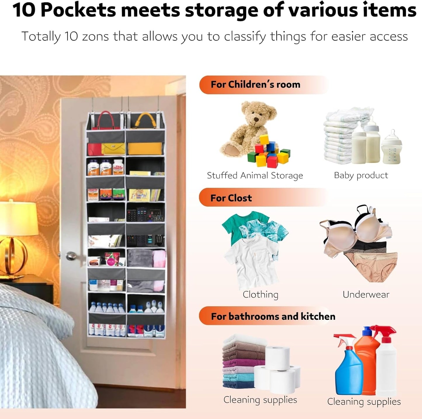 Over the Door Organizer 5 Tiers, Extra Large Behind Door Storage of 10 Compartments, 80 lbs Weight Capacity Over Door Organizer, Door Hanging Organizer for Closet, Diaper Organizer, Room storage