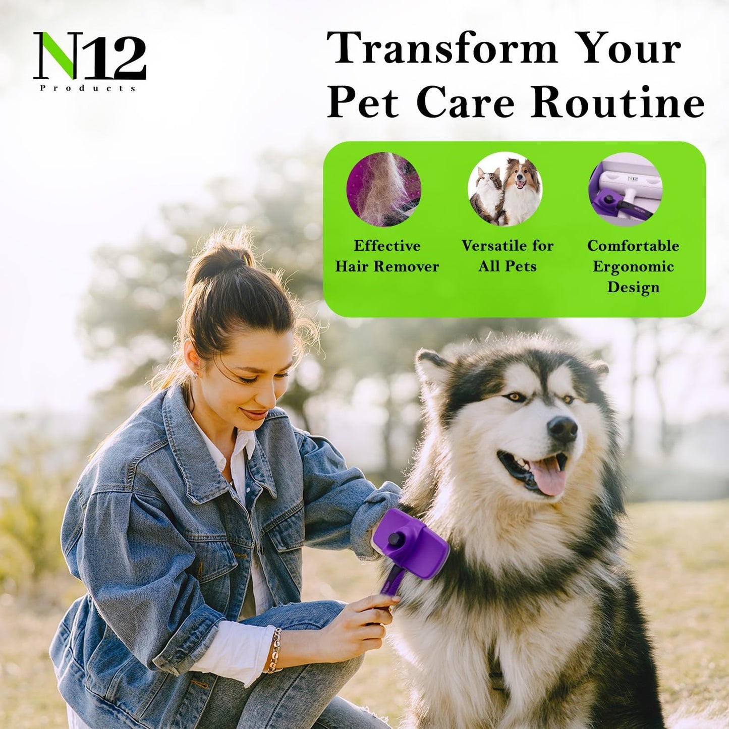 N12 Cat, Dog Hair Remover/Lint Roller and Grooming Hair Bush Combo – Pet Fur Remover for Couch, Furniture, Carpet, Car Seat & Self-Cleaning Slicker Grooming Brush with Long Pins for Shedding