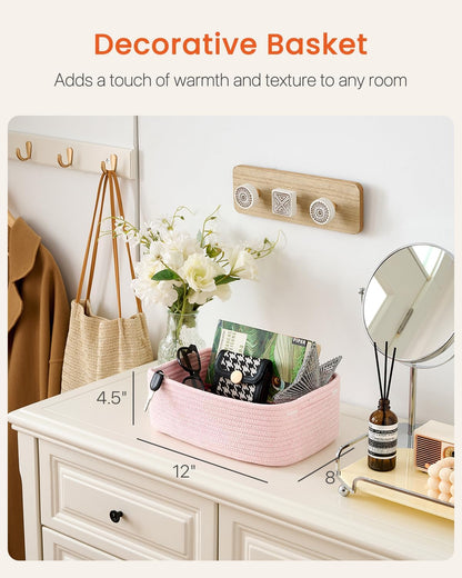 Small Woven Basket, 12 x 8 x 4.5 Inches, Storage Basket for Organizing, Cute Small Rope Shelf Closet Cube Storage Bins Baskets for Shelves, Dog Toy Gift Baskets Empty, 3 Pack Light Pink