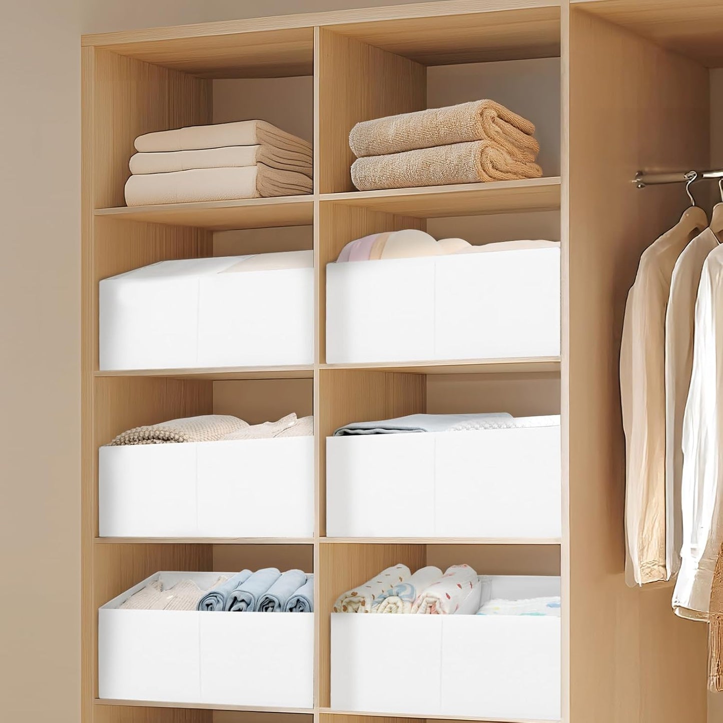 DIMJ Large Closet Shelf Organizer Bins 6 Packs with Handles and Divider, Fabric Trapezoid Storage Baskets, Foldable Clothes Containers Box for Shelf, Towel, Book, Toy, Purse, Hats, ,White