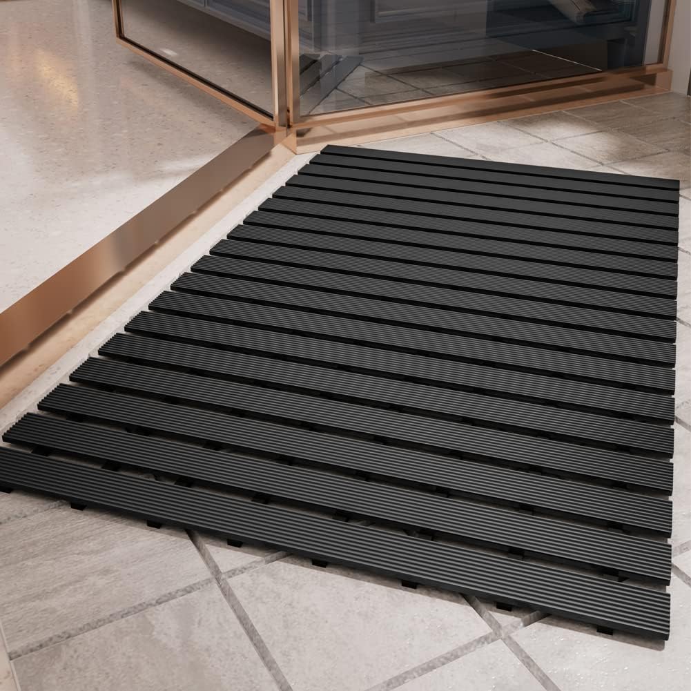 Shower-Mat Non Slip, PADOOR Heavy Duty Bathtub-Mat Curlable Quick Drain Sturdy Bath Tub Mat Without Suction Cups for Indoor Outdoor Use 17x36 Inch Black