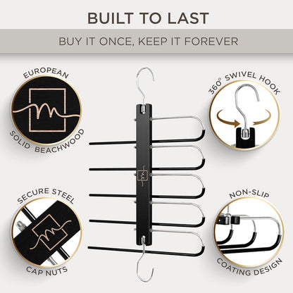 MORALVE Pants Hangers Space Saving - European Beechwood Scarf and Jean Hangers - Closet Organizer and Space Saver Pant Rack, Leggings Hanger, and Scarf Holder with 360° Swivel Hook (1 Pack)