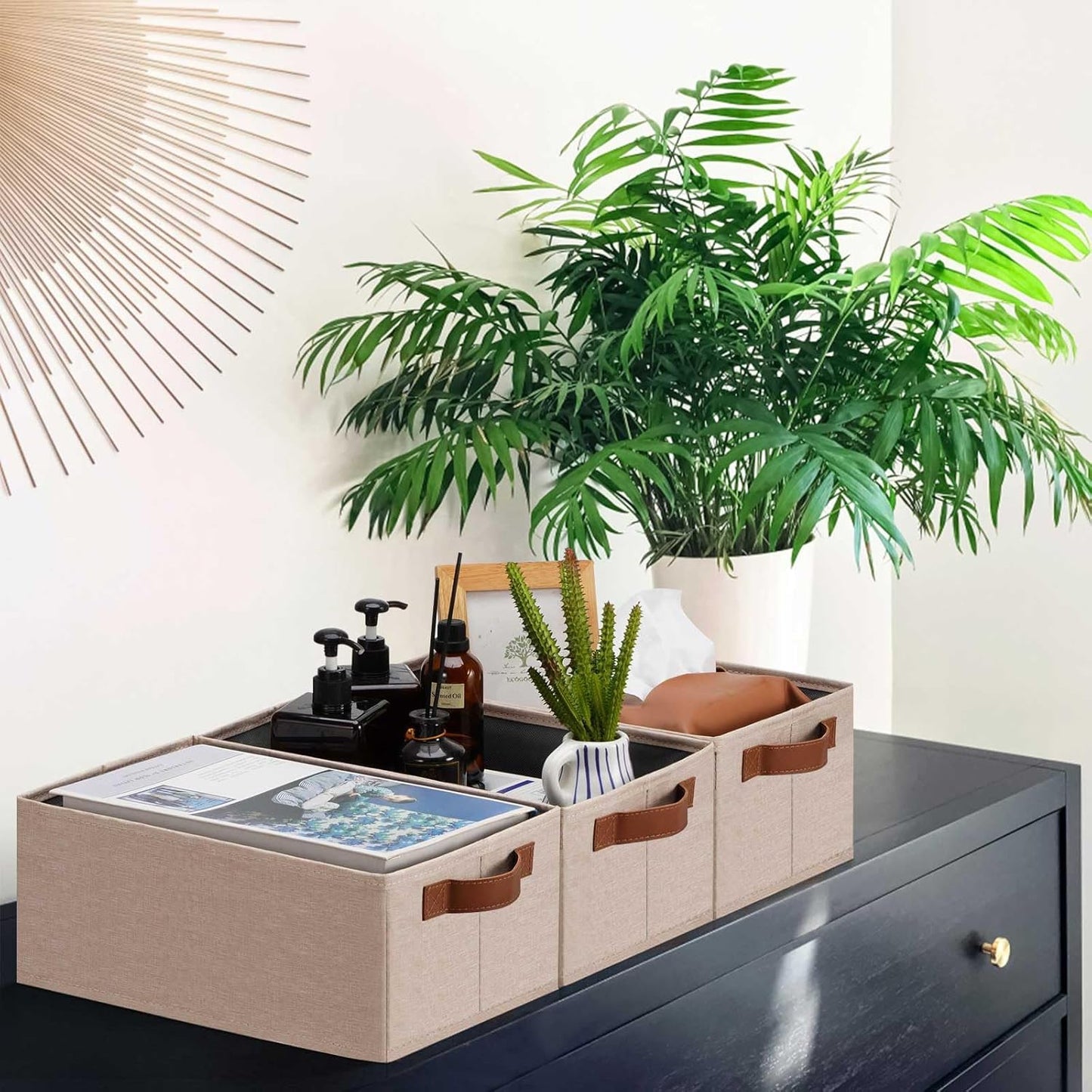 GhvyenntteS Small Fabric Storage Bins 6 Pack, 11.8" x 7.87" x 5.11" Storage Basket with Leather Handles, Closet Storage Bins for Shelves, Storage Baskets for Shelves, DVD Storage (Beige Yellow)