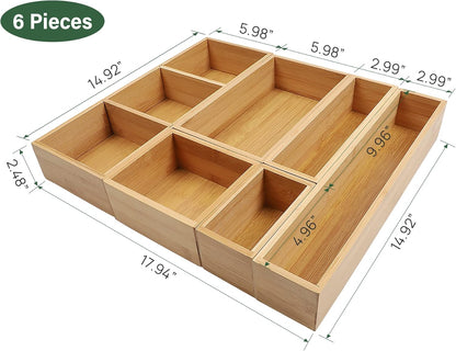 Kootek Bamboo Drawer Organizer with Removable Dividers, 6 Pcs Adjustable Kitchen Drawer Organizer Utensils Bamboo Organizers Silverware Storage Box Cutlery Tray Multi-Use for Bathroom, Makeup, Office