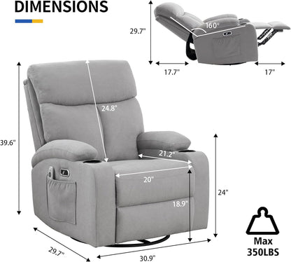 Swivel Power Recliner Chair for Adults with Full Body Massage, Electric Rocker Recliner Chairs for Living Room with USB and Type-C Ports, Fabric Rocking Reclining Sofa Chair (LightGrey)