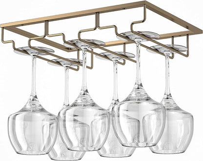 Wine Glass Rack - Under Cabinet Stemware Wine Glass Holder Glasses Storage Hanger 2 Pack Metal Organizer for Bar Kitchen Gold