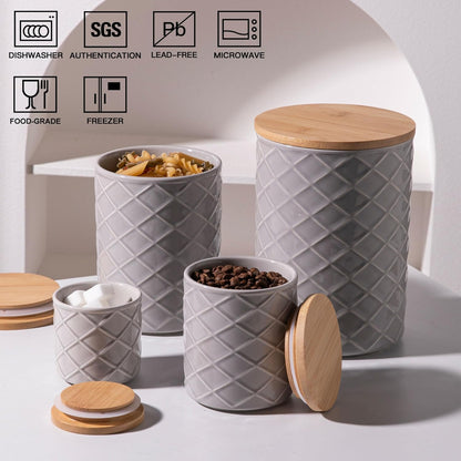 Sweejar Ceramic Canisters Sets for Kitchen Countertop, Relief Food Storage Jar with Bamboo Lid, Stackable Container for Flour, Coffee, Pasta, Cereal, Tea, Cookies, Sugar, Spices, Pack of 4 (Gray)