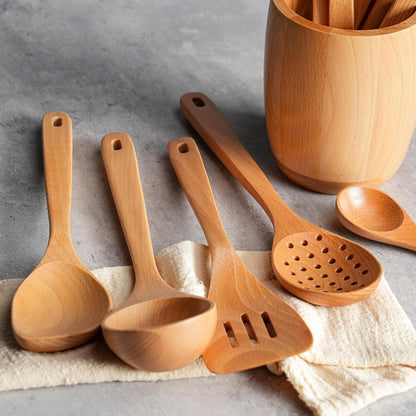 11 PCS WOSPONFAN Kitchen Utensils Set - Wooden Spoons for Cooking, Natural Beech Wood Wooden Utensils - Includes Wooden Spoons, Spatula Set, Slotted Spoon - Handmade Wooden Spoon Set