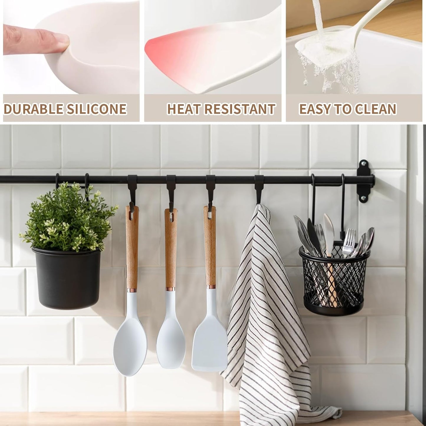 13-Piece silicone utensil set wood handle nonstick cookware safe dishwasher safe kitchen tools BPA free heat resistant (450°F/230°C) ceramic pan safe cooking gifts housewarming (White)