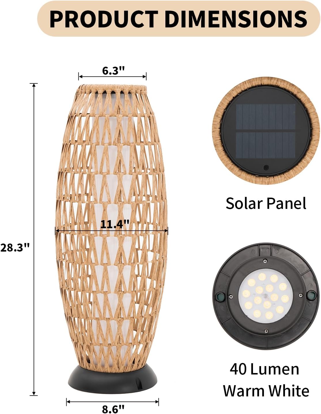 Large Patio Solar Powered Lantern for Garden Outdoor Decorative Floor Lamp Water-Resistant Wicker Lights for Deck Backyard