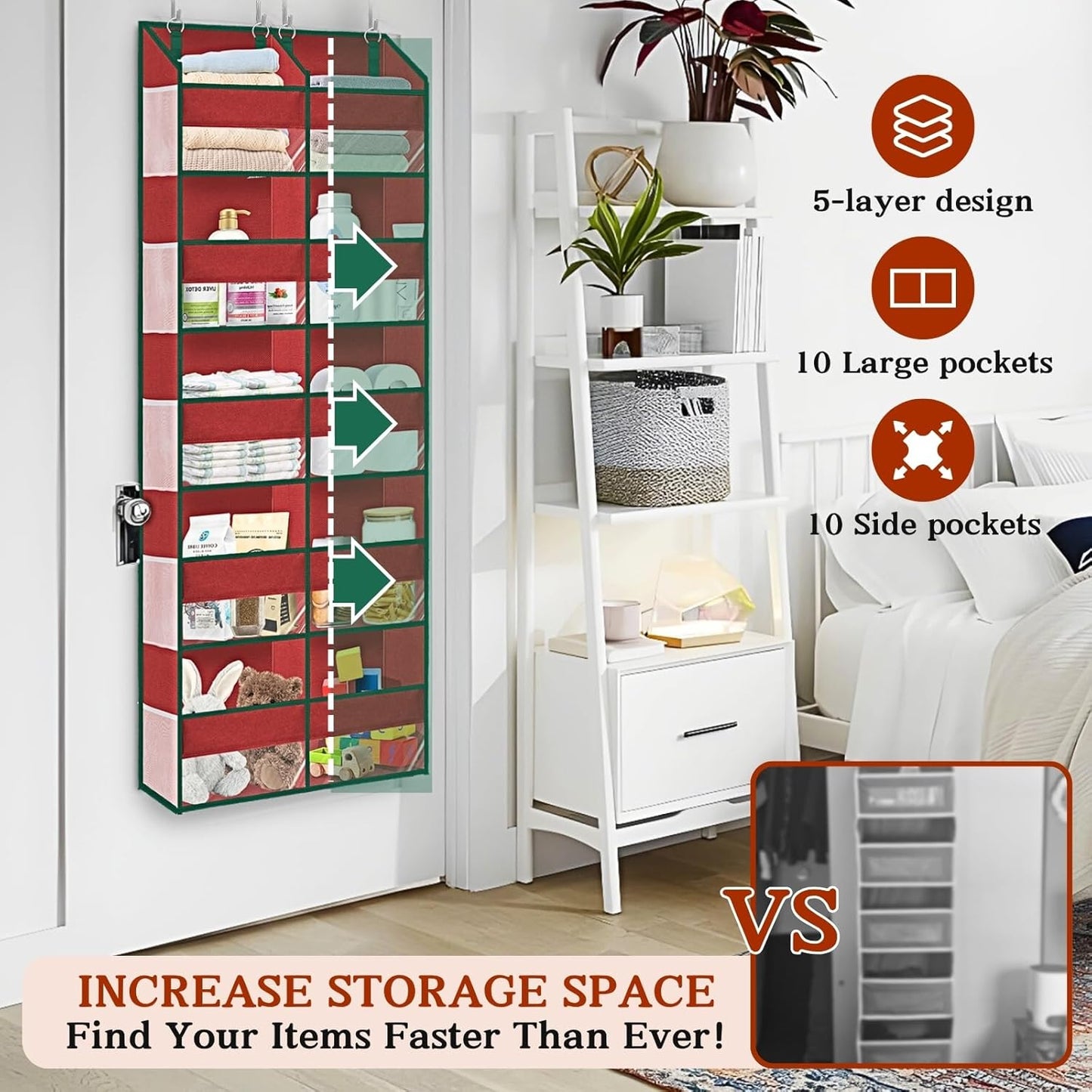 Over The Door Organizer 5 Tiers, Extra Large Behind Door Storage of 10 Compartments, 80 lbs Weight Capacity Hanging Storage Organizer with Clear Window Kids Toys,Shoes,Diapers,Room Storage, Red