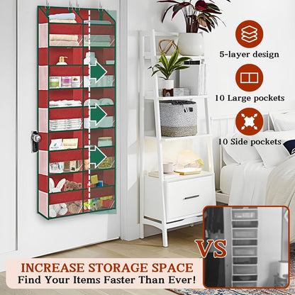 Over The Door Organizer 5 Tiers, Extra Large Behind Door Storage of 10 Compartments, 80 lbs Weight Capacity Hanging Storage Organizer with Clear Window Kids Toys,Shoes,Diapers,Room Storage, Red