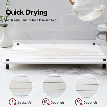 Stone Dish Drying Mat for Kitchen Counter, Water Absorbing Bathroom Tray Sink Organizer, Diatomaceous Earth Countertop Dish Rack Riser Sponge Holder Soap Dish, White, 16" x 12"