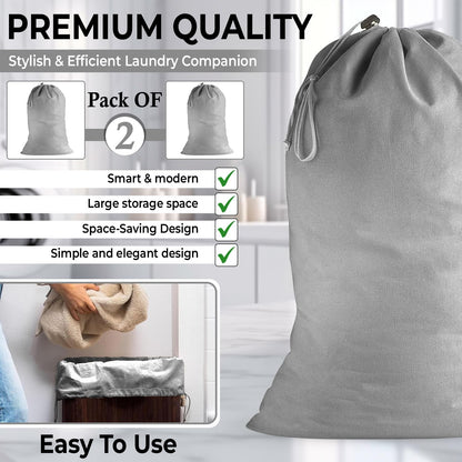 2 Pack - Extra Large Cotton Laundry Bag, Heavy Duty Large Laundry Bags 24 x 36 inch XL Drawstring Travel Organizer Bag Fit Hamper Basket Camp (Light Gret, Pack of 2)