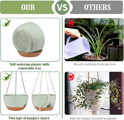 Hanging Planters for Outdoor Indoor Plants, 2 Pack 12 Inch Hanging Basket Plants Outdoor, Self Watering Hanging Planter with Plant Hanger for Garden Home Decoration (2 Type Plant Hangers Green)