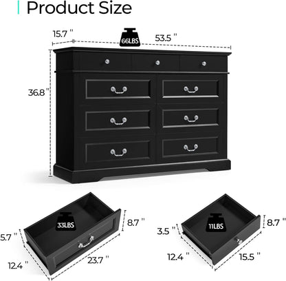 LINSY HOME 9 Drawers Dresser for Bedroom, Wood Modern Farmhouse Drawer Chest, Tall Black Dresser for Closet, Large Dressers with Storage Organizer for Living Room, Closet, Hallway