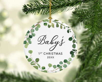 Andaz Press Custom Year Round Ceramic Porcelain Christmas Tree Ornament Keepsake Collectible Gift, Baby's 1st Christmas 2025, Farmhouse Eucalyptus Wreath, 1-PackBaby Shower New Mom Gift Ideas