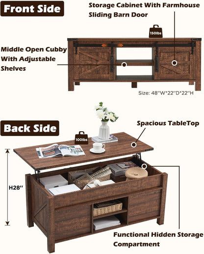 OKD 48" Farmhouse Lift Top Coffee Table with Sliding Barn Door,Rustic Center Table with Hidden Storage Compartment,Lifting Tabletop and Adjustable Shelf for Living Room,Office,Reclaimed Barnwood