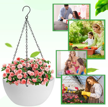 13 inch Hanging Planters for Indoor Plants, 2 Pack Planters for Outdoor Plants with Drainage Holes and Chain, Round Plastic Hanging Baskets, Hanging Flower Pots for Balcony Garden Decor-White