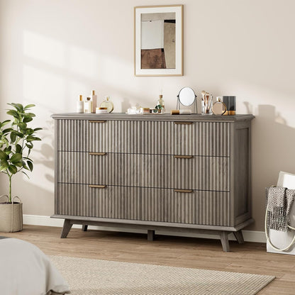 QUW Fluted Dresser for Bedroom with 6 Drawers, 47.2" Wide Modern Chest of Drawers with Metal Handle, Wooden Dresser TV Stand and Closet Clothes Storage Organizer for Living Room, Hallway, Grey