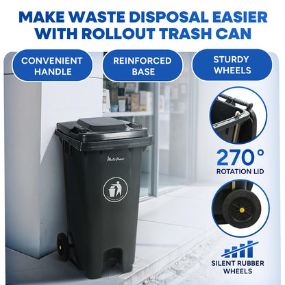 32 Gallon Step-On Large Outdoor Trash Can with Lid and Wheels - Outside Plastic Rolling Garbage Can - Rollout Commercial Heavy-Duty Container Barrel, Gray