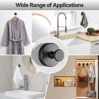 4 PCS Suction Cup Hooks for Shower, Stainless Steel No Drill Towel Hooks, Reusable Sticky Silicone Base for Bathroom Wall, Glass, Mirror, Tile to Hang Loofahs, Robes (Matt Black)