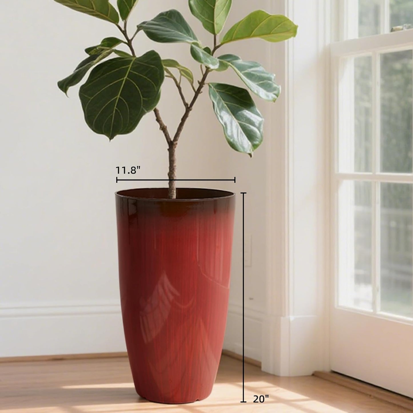 Worth Garden 20" H. Plastic Planters - Set of 2 Gradient Red Glossy Smooth Finish - Tall Plant Pots Drain Hole for Indoor Outdoor Use - Decorative Lightweight Flower Pots for Front Porch, Patio, Deck