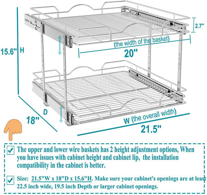 OCG 2 Tier Pull Out Cabinet Organizer (21.5" W x 18" D), Pull Out Shelves for Kitchen Cabinets, Slide Out Pantry Shelves for Base Cabinet Organization in Kitchen Bathroom Pantry, Chrome Finish