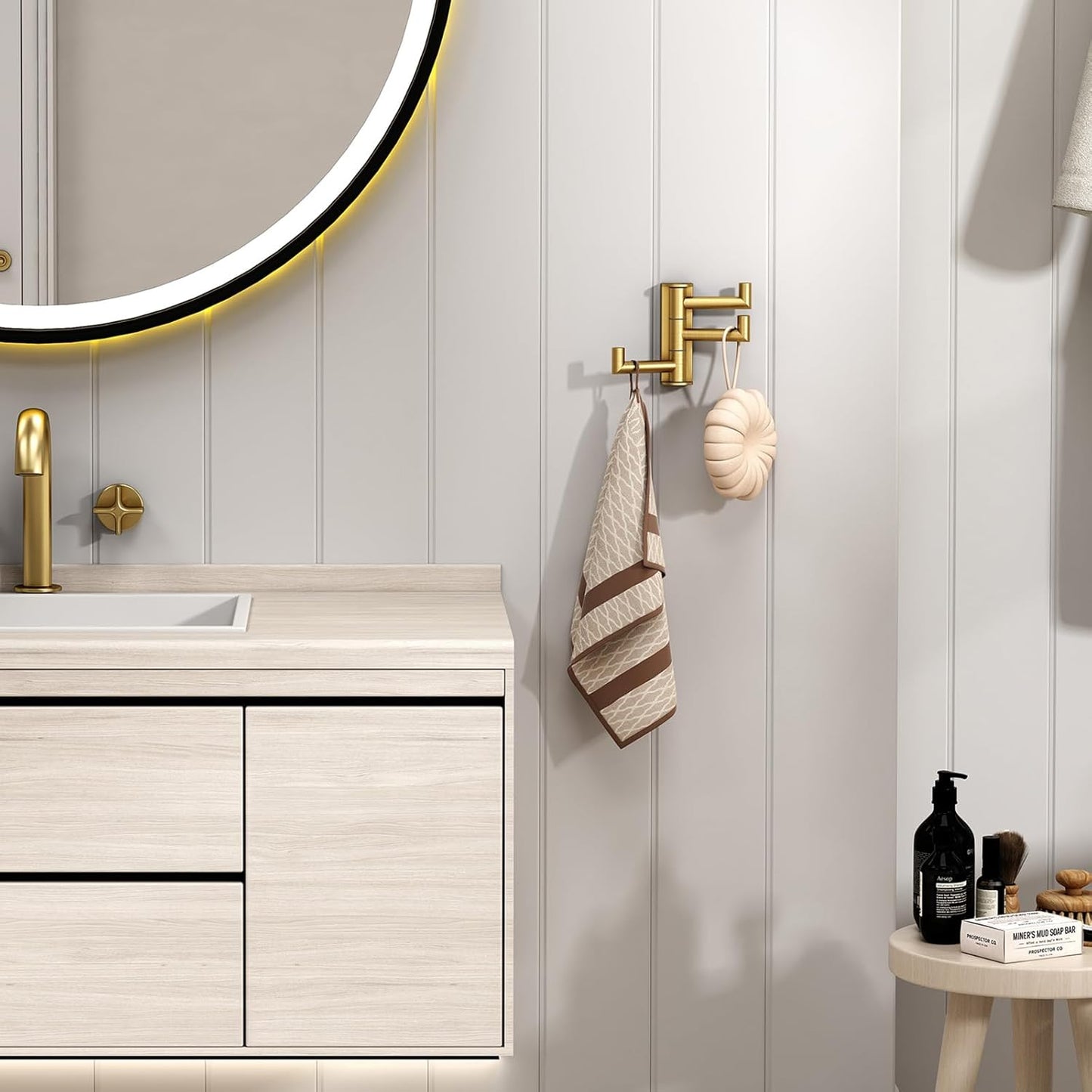 Angle Simple Towel Hooks Swivel, SUS 304 Stainless Steel 3 Arms Foldable Hand Towel Holder, Coat Hooks, Brushed Gold, 2 Pack