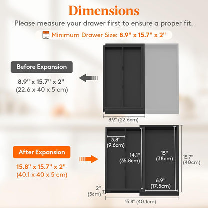 Lifewit Utensil Drawer Organizer, Expendable Cooking Silverware Tray for Kitchen Drawer, Bamboo Adjustable Cutlery Flatware Holder, Spatula Tools and Gadgets Storage Divider, 3 Compartments, Black