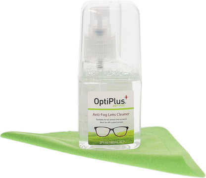 OptiPlus Anti-Fog Lens Cleaning Spray Kit l Cleaning Spray and Microfiber Cloth for Glasses, Laptops Screens, Smart Phones, Optical Lens, Goggles, Watch Screen and More l Defogging and Cleaning l 2oz