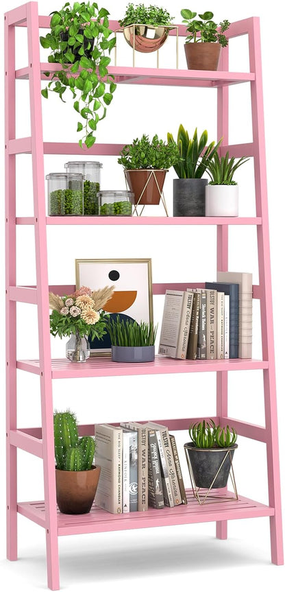 Homykic Bamboo Ladder Bookshelf, 4-Tier Ladder Shelf Open Book Shelf Freestanding Bookcase Bathroom Storage Rack Plant Stand for Living Room, Bedroom, Office, Easy Assembly, Pink