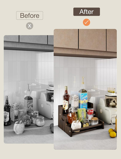 Tinamo Acacia Wood Liquor Bottle Display Shelf – 3-Tier Countertop Wine Rack, Bar Shelf – Whiskey Bar Stand for Home, Bottle Organizer for Countertop – Wine Holder with Handles (Walnut Color)