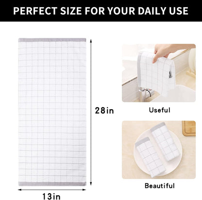 Homaxy 100% Cotton Terry Kitchen Towels(White, 13 x 28 inches), Checkered Designed, Soft and Super Absorbent Dish Towels, 4 Pack