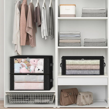 HomeHacks Storage 3-Pack Clothes Organizer Storage Bags Foldable Storage Box with Large Clear Window Sturdy Handles for Closet, Dorm, Pillows, Bedding, Clothes, Blankets, 35L, Black