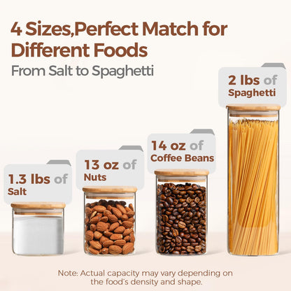 ComSaf Food Storage Containers with Airtight Lids Set of 6, Clear Glass Canister Food Jar with Sealing Lid Kitchen Pantry Storage Container for Spaghetti Pasta Sugar Flour Oat Cereal Beans, Square