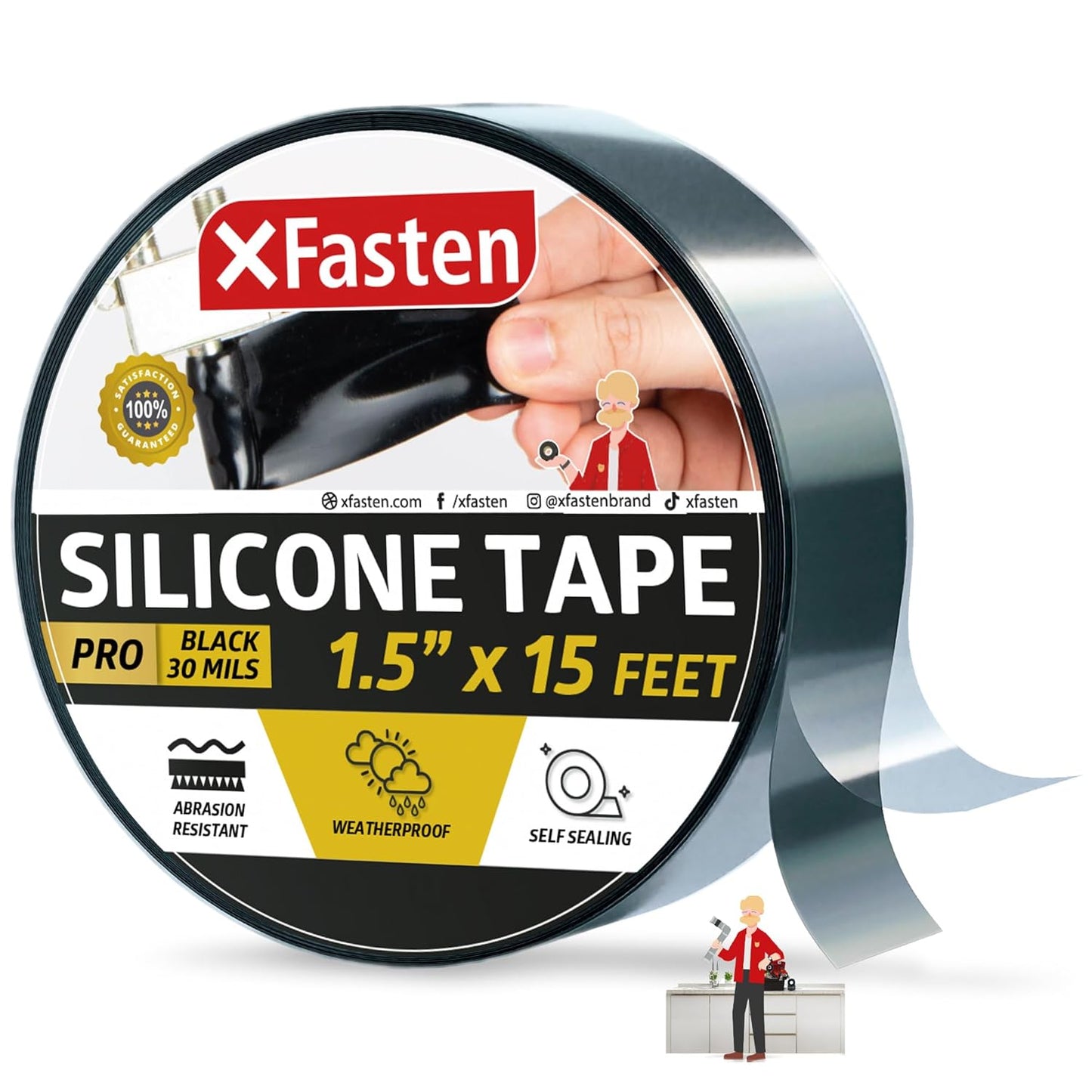 XFasten Self-fusing Silicone Tape Pro, Black, 1.5-Inch x 15-Feet, 30mils Weatherproof Silicone Rubber Sealing Tape for Outdoor Coax, Electrical Cable, Radiator Hose, Pipe Leaks and Emergency Repairs